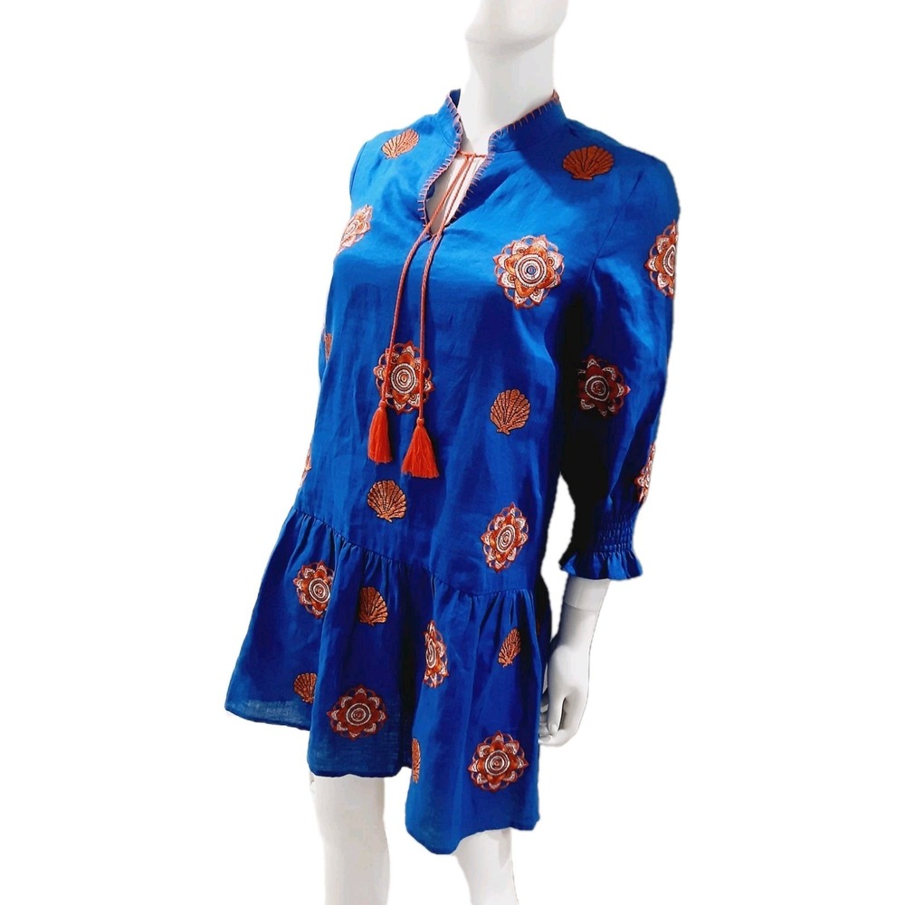 Tyler Boe Blue Linen Embroidered Shells Flowers Boho Tassel Dress Size XS